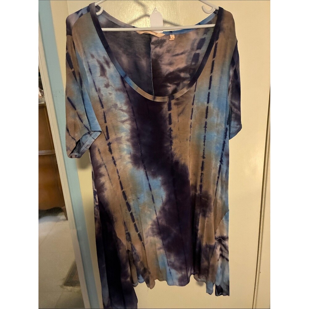 Soft Surroundings Blue and Brown Tie-Dye Short Sleeve Tunic